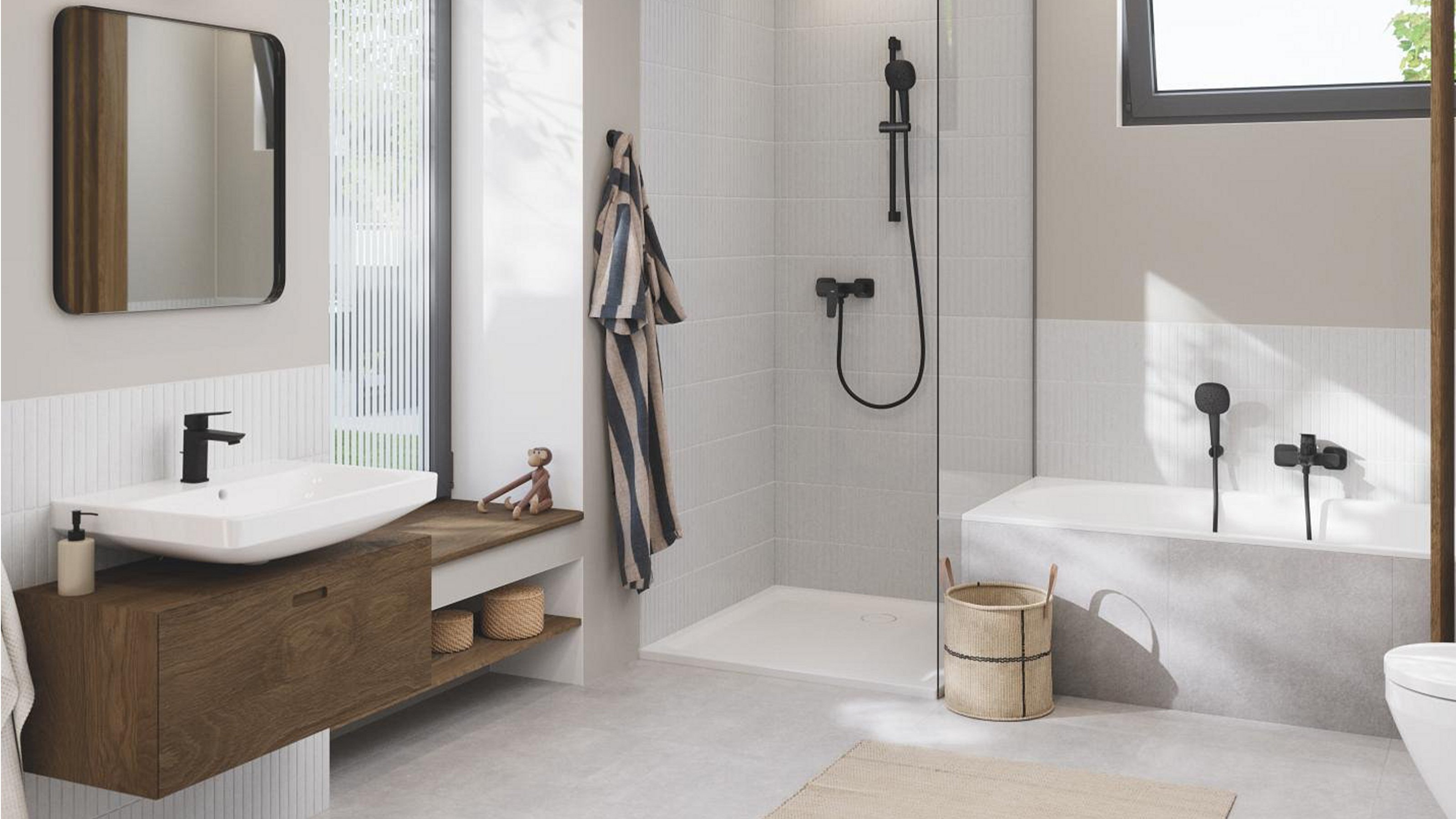 Moderne Badezimmergestaltung mit eleganten Akzenten und natürlichem Licht Ein modernes Badezimmer mit einer eleganten Badewanne, einer Dusche und einem stilvollen Waschbecken aus weißem Keramik.