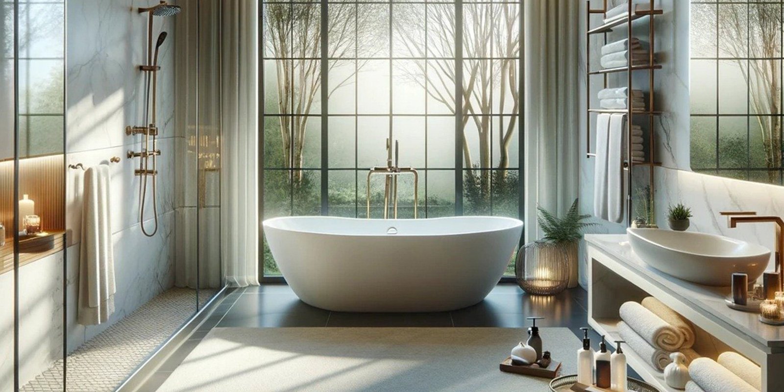 Ein modernes Badezimmer mit einer freistehenden Badewanne, großen Fenstern und sanftem Licht, das die Natur draußen zeigt.